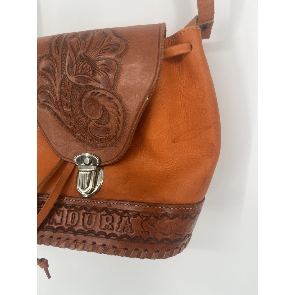 VTG Hand Tooled Leather Mini Crossbody Bag Purse, Boho Saddle Flap Honduras - Picture 4 of 10